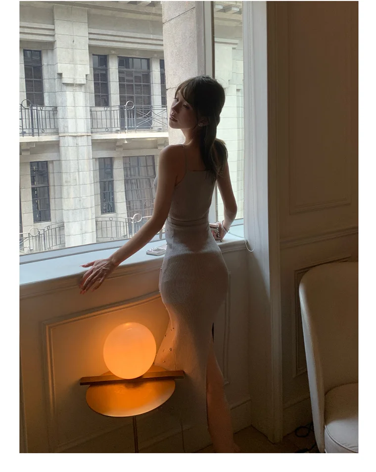 섹시한 롱 드레스 네일 비즈 장식 슬립 니트 드레스 + 캐미솔 슬링 탱크탑 2종 세트