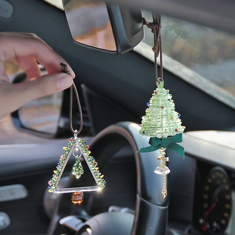 

New product Christmas Gift Glazed Christmas Tree Car Pendant Car Rearview Mirror Pendant Crystal Glass Cute Decoration