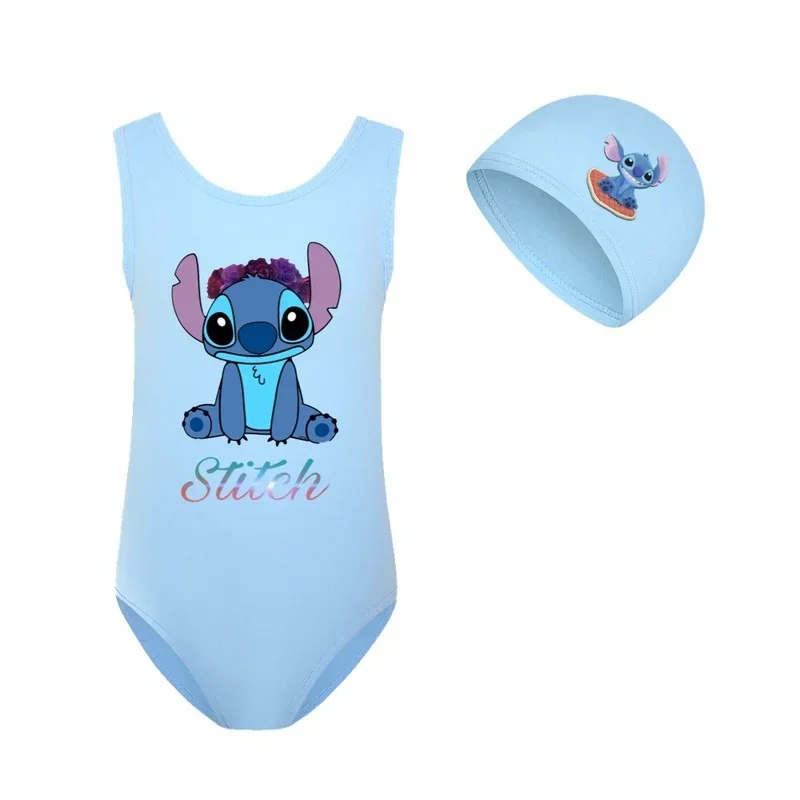 Disney Stitch Children\'s One Piece Swimsuit Set Cute Cartoon Swimwear Swimming Cap Little Girls Bathing Suit Summer Beach Pool