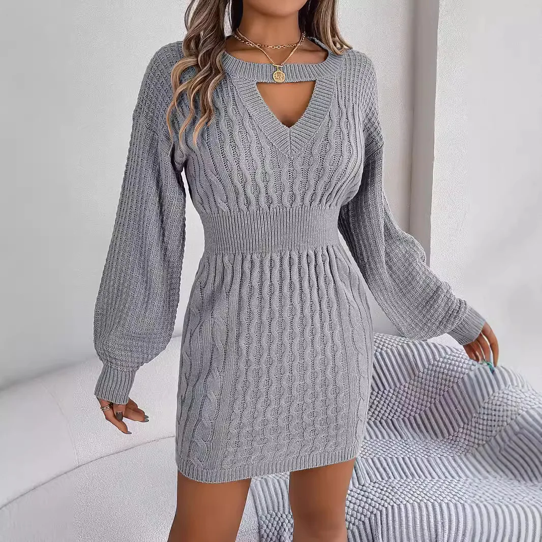 Casual Loose Twists Knit Sweater Dresses Autumn Winter Women Dresses 2024 Hollow Out V-neck Full Lantern Sleeve Hip Mini Dress