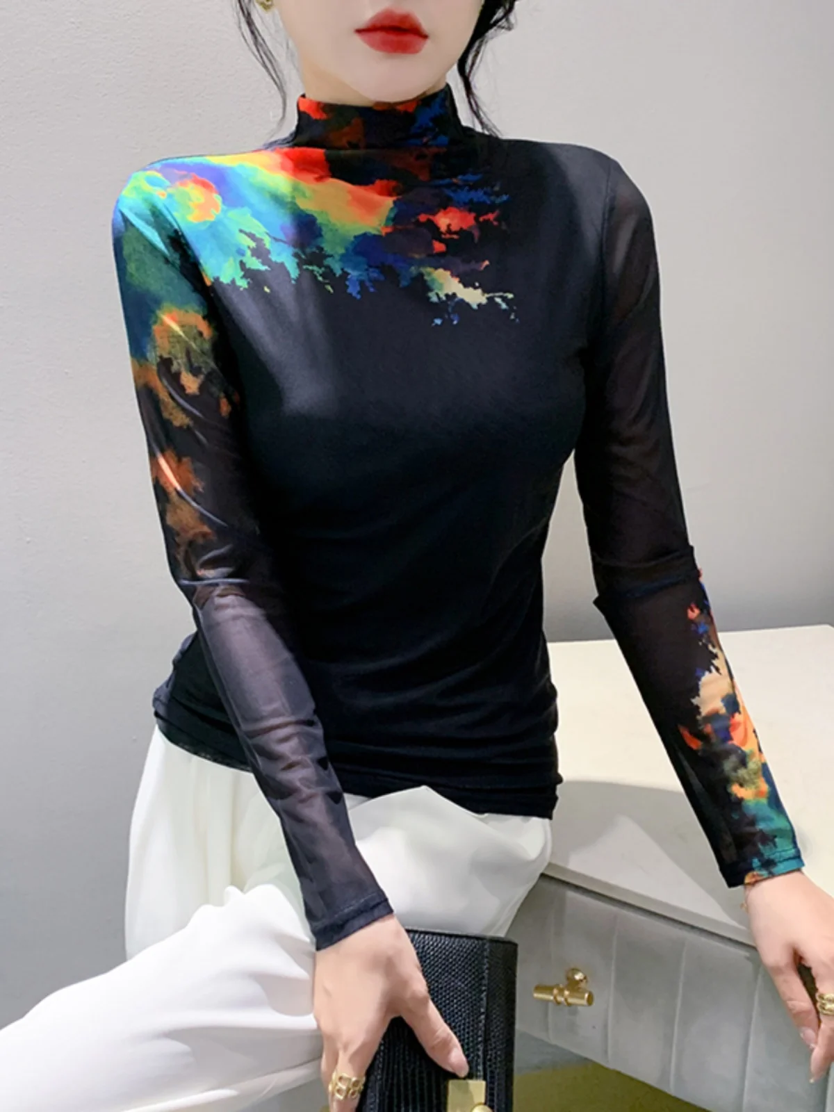2023 Autumn Winter Turtleneck Long Sleeve T-shirt Tees For Women High Stretch Slim Printed Mesh TShirts Female Tops FF0865