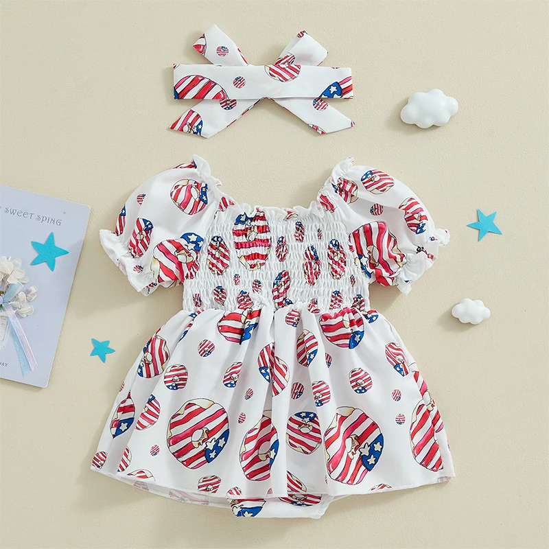 

Newborn Baby 4th Of July Dress Romper Flag Star Short Puff Sleeve Romper Dress Frill Smock Bodysuit Usa Flag Skirt