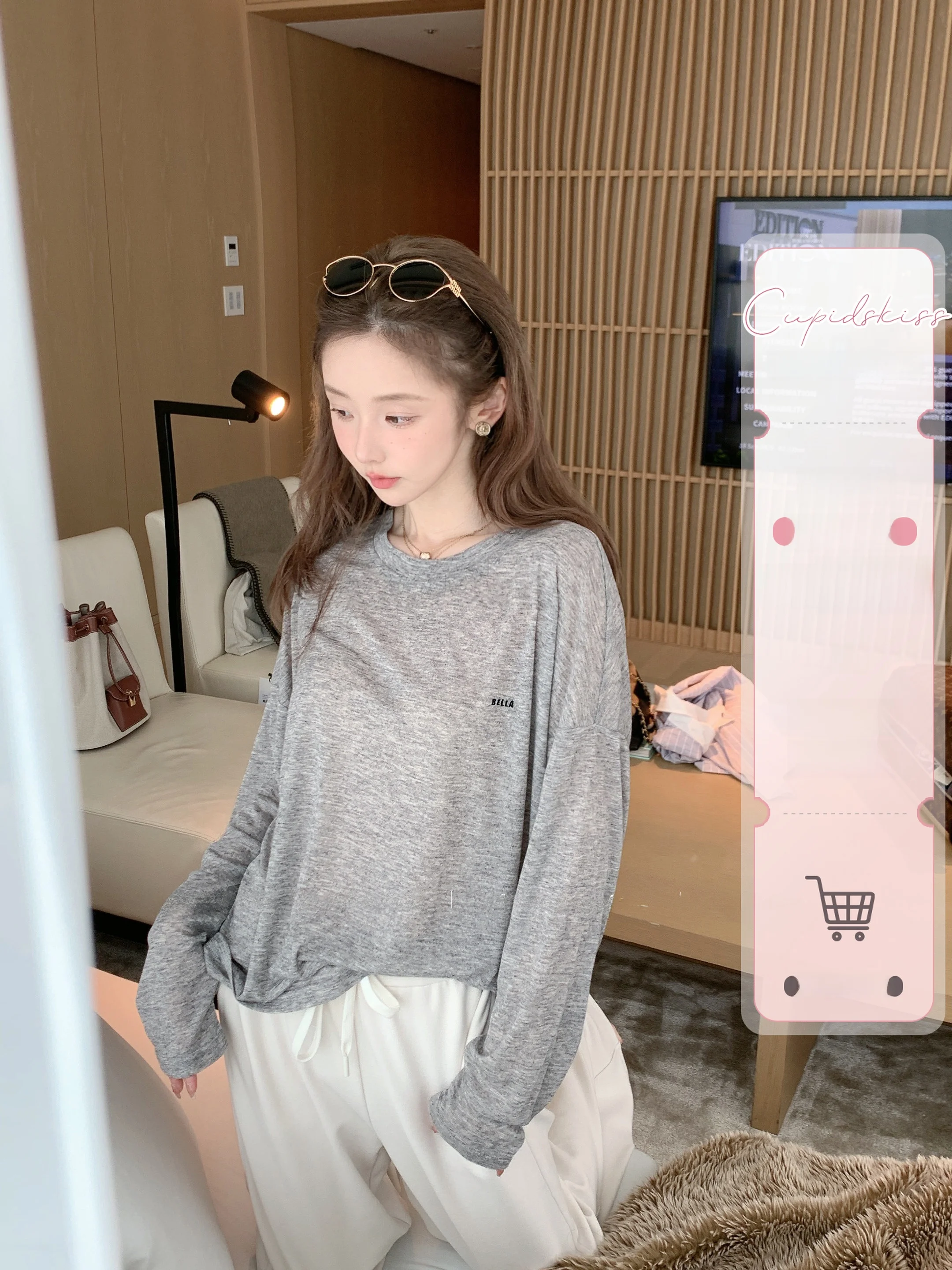 

Женская футболка CsK Cupid Hidden Version с длинным рукавом, повседневная, универсальная, свободного кроя, полупрозрачная, в стиле Lazy Sle