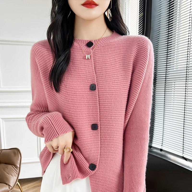 Autumn and winter new sweater women\'s clothing 100% wool top round neck knitted cardigan casual long sleeved top shirt