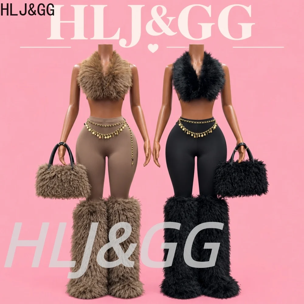 HLJ&GG Y2K Fluffy Faux Fur Matching Set Women Backless Halter Crop Top High Waist Long Pants Leg Streetwear Nightclub Outfits