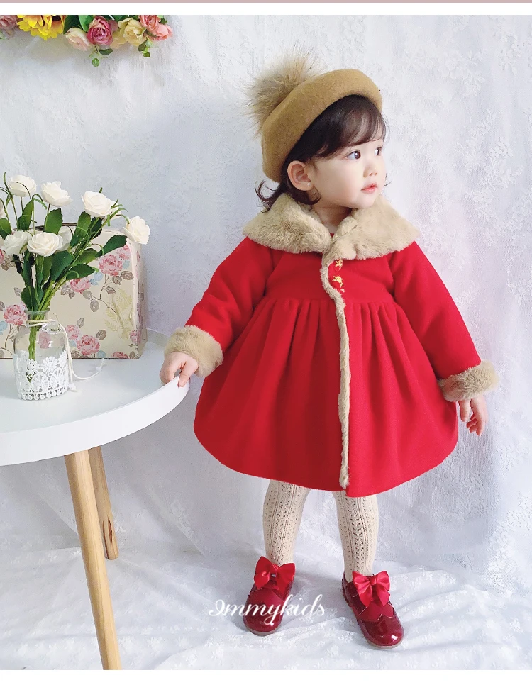 Custom Autumn/winter Hairy Red Wool Coat Girl Princess Spanish Clothes for Girls  Girls Jackets Girl Wool Coat Christmas Jacket