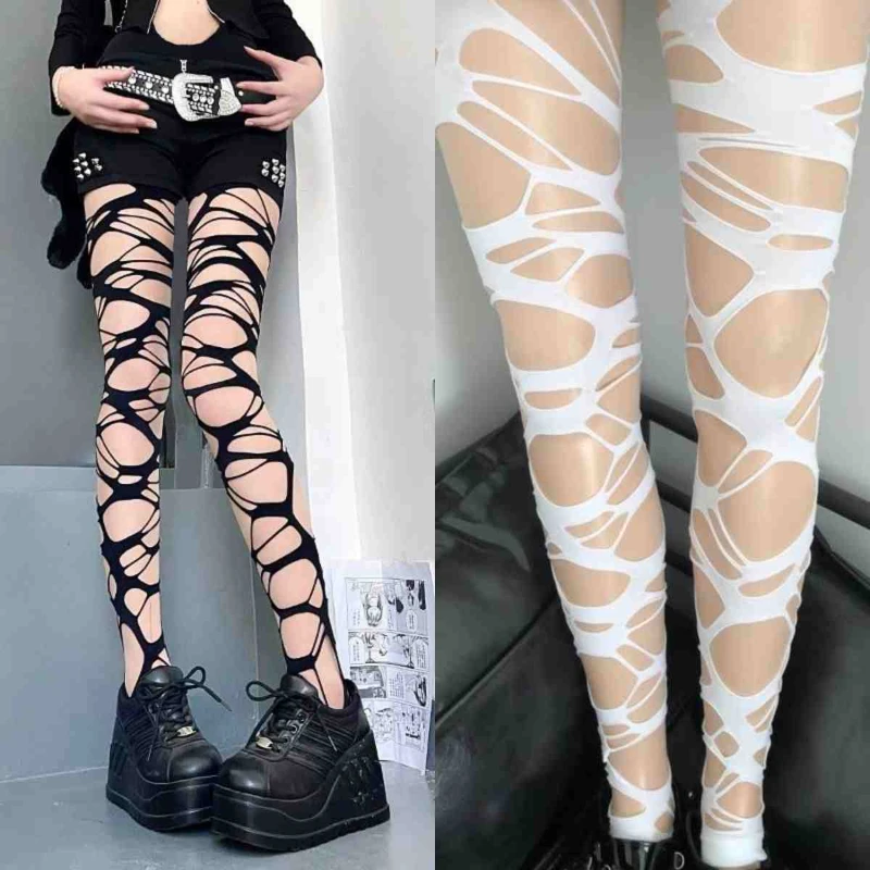Medias con agujeros y correa rasgada Punk para mujer, medias sexys de tela de araña gótica de Lolita, medias suaves de malla negra Y2k, medias altas