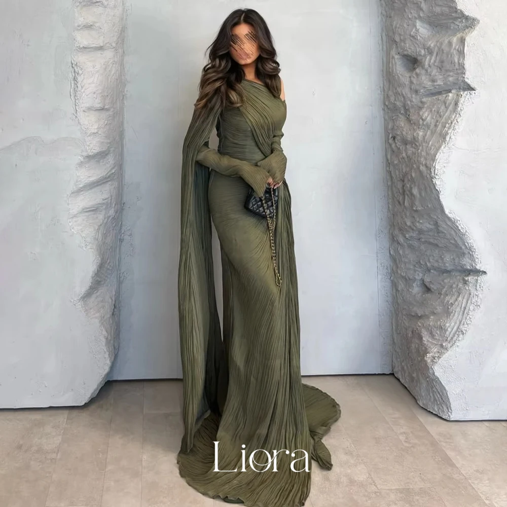 Liora Customized Green Shiny Formal Evening Dress O Neck Full Sleeves Formal Occasion Elegant Pleat Arabic Prom Gowns image 3