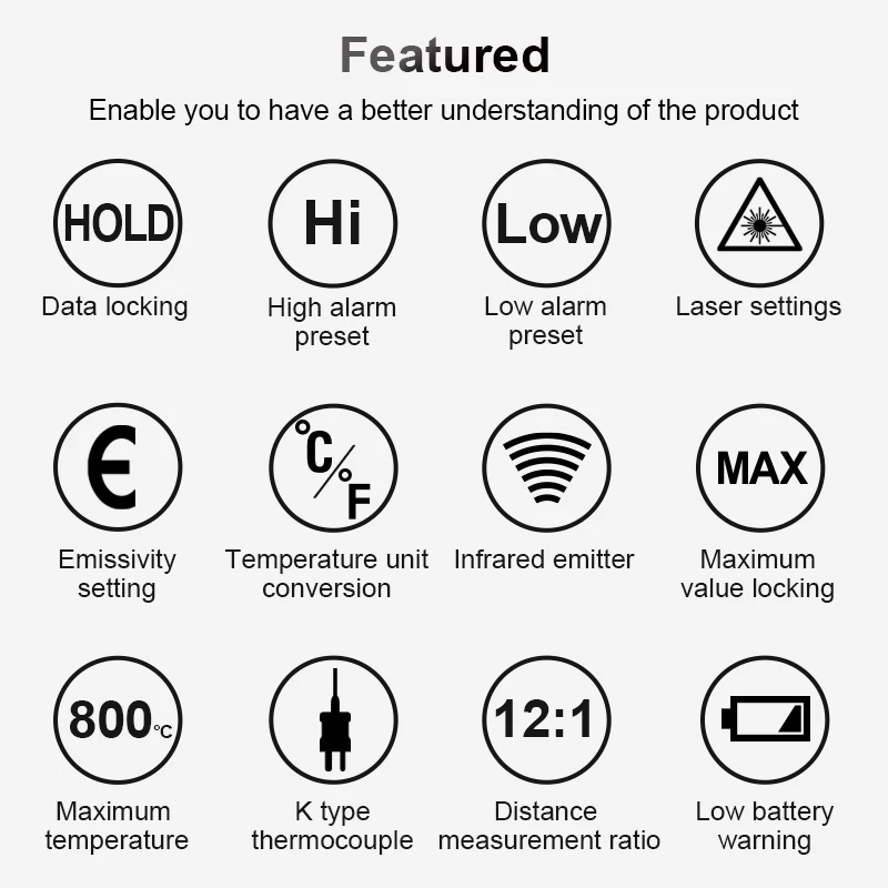 -50~800 ° C ميزان الحرارة الرقمي بالأشعة تحت الحمراء عدم الاتصال التحقيق مقياس الحرارة بالليزر يده البيرومتر ارتفاع درجة الحرارة بندقية #6