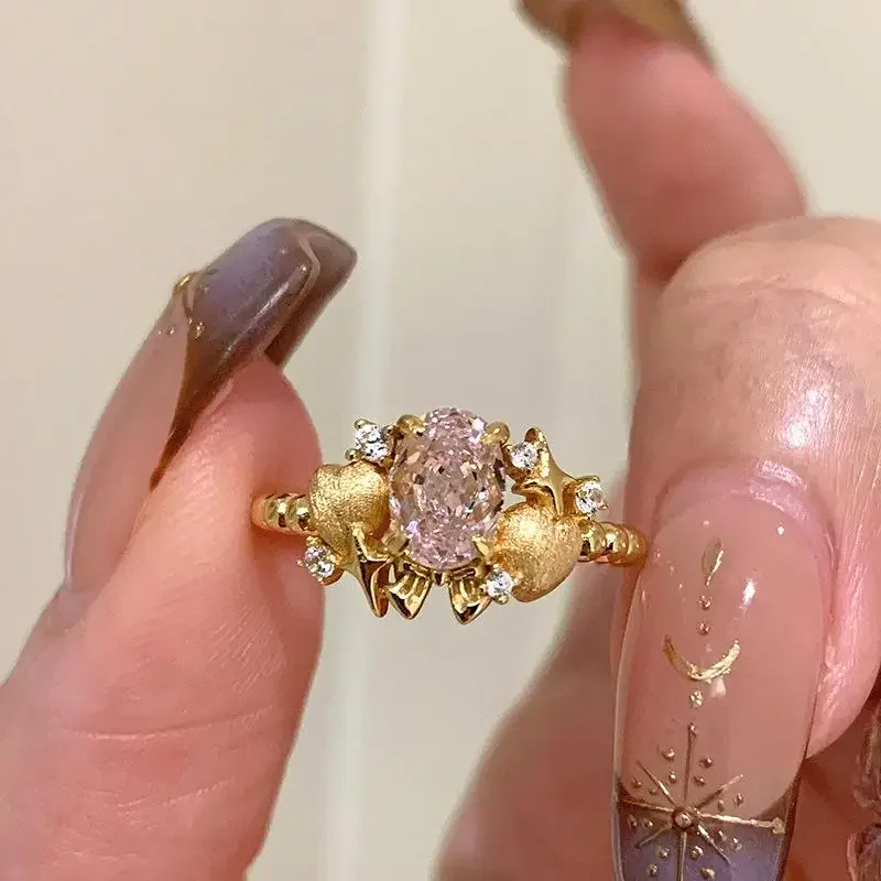 

Romantic pink diamond engagement ring new in retro brushed star studded diamond Female Ring adjustable wedding jewelry