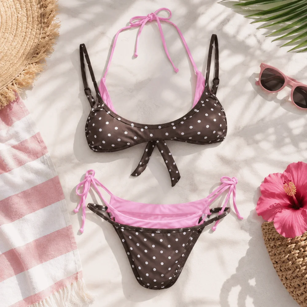 Push Up Polka Dot Halter Bikini Set Deep V Low Waist Ladies' Swimwear Lace-up Patchwork Women Swimsuits Beach