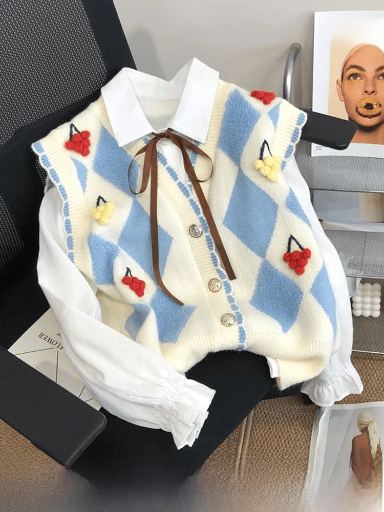 

Вязаный свитер больших размеров, жилет с большим вишневым узором, осенний модный кардиган для женщин, более 200 лет, модный колье...