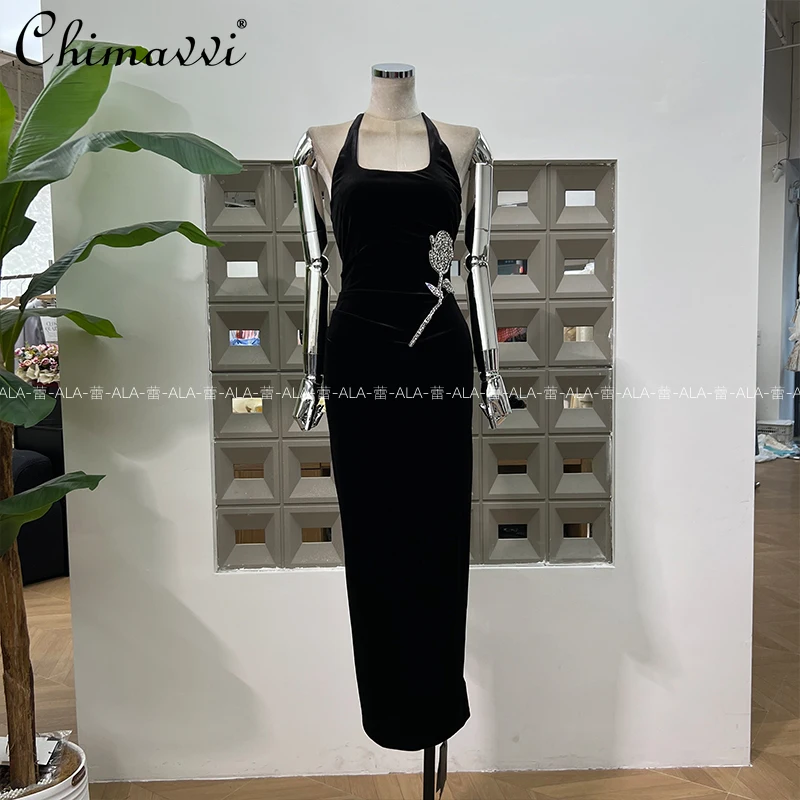 

Французское элегантное светское длинное платье со шнуровкой и бретелькой на шее, сексуальное облегающее вечернее платье с открытой спиной и высокой талией для женщин