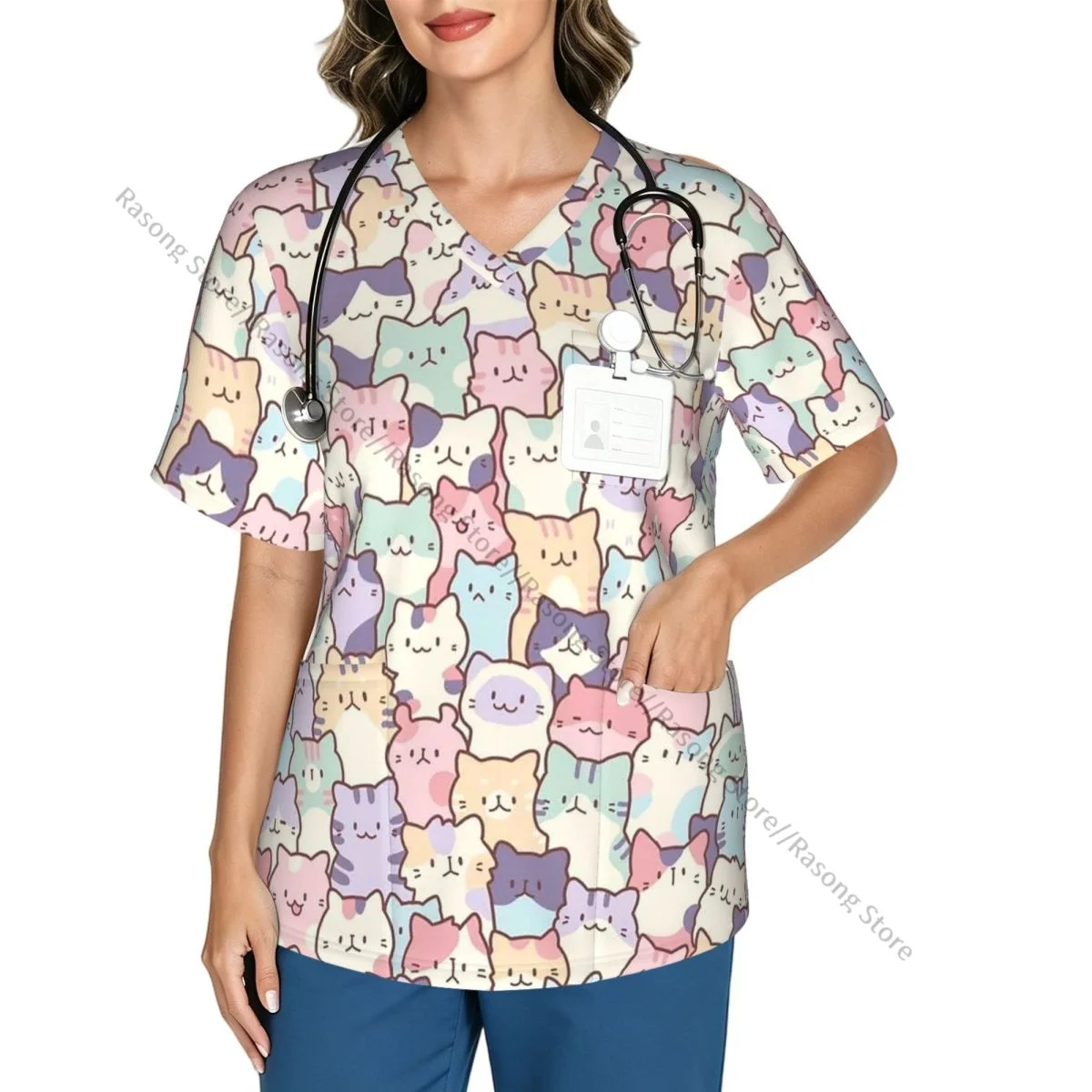 Women Scrubs Blouse Medical Nurse V-neck Clinical Scrubs Top Cute Cats Operating Room Work T-shirt