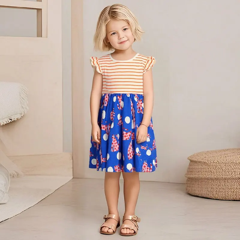 

Little maven Summer Cartoon Cats Print Girls Princess Dress Cute Kids Clothes Sleeveless Cotton Striped Baby Girls Vest Dress