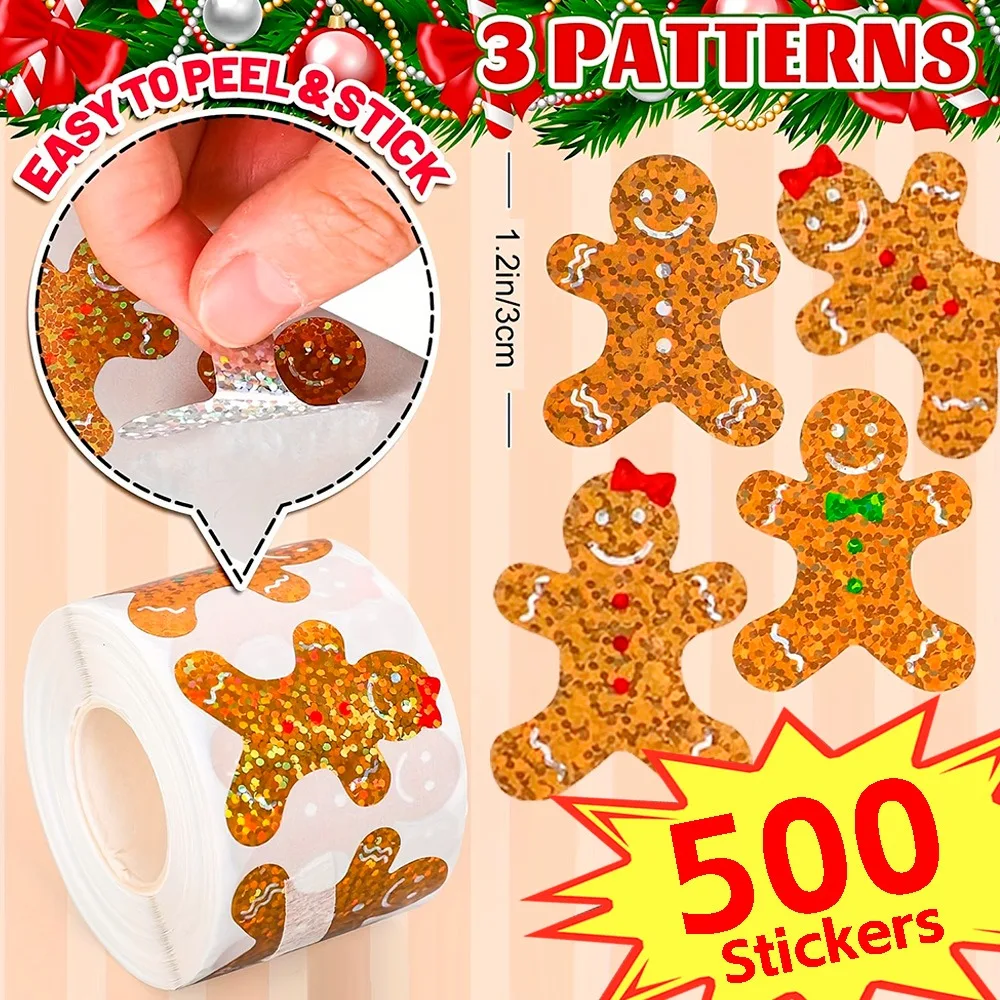 

500pcs 1Roll Christmas Glittery Golden & Gingerbread for Man Stickers Roll for Gift Wrapping Cards Envelopes & Party Decorations