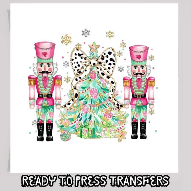 Coquette الملونة فو بريق شجرة عيد الميلاد DTF نقل كسارة البندق الفتيات الوردي عيد الميلاد القوس نقل الحرارة ملصقات الحديد على