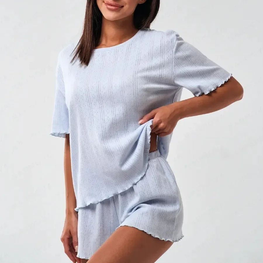 Women Pajamas Set European and American Pajamas Women's Summer Cotton Comfortable Curled Five-Sleeve Shorts Loungewear Set image 5