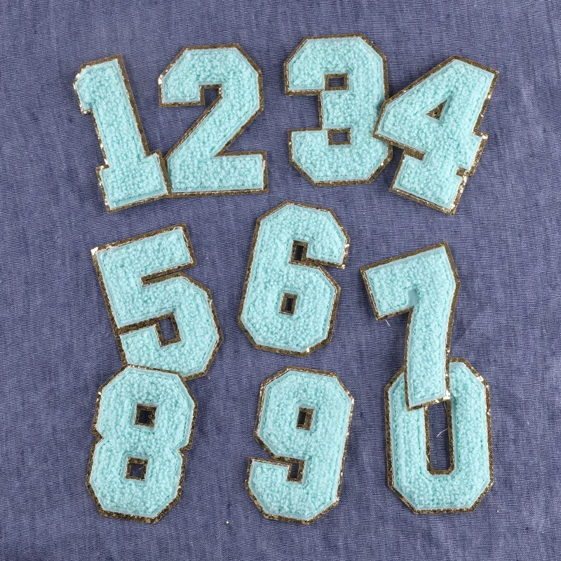 

1pcs 8CM Blue Chenille Number Patches Iron on Towel Embroidered Felt Glitter Sequins Heat Adhesive DIY Accessory