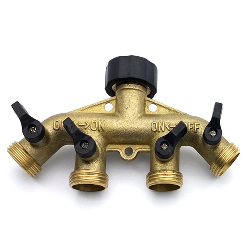 

New 4 Way Brass Hose Splitter, 3/4Inch Brass Hose Faucet Manifold, Garden Hose Connector Tap Splitter, Solid Brass-Yellow