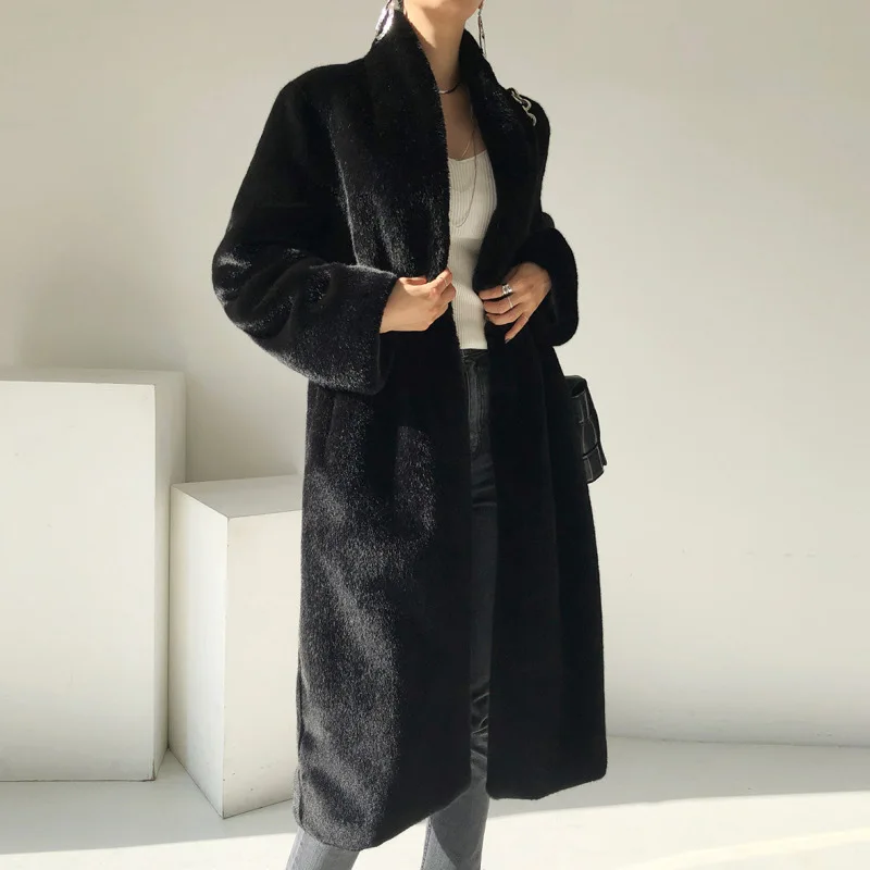 

Women's Winter Black Faux Mink Fur Midi Length Coat Fitted Waist Design Furry Stand Collar Faux Fur Outerwear Ropa Mujer