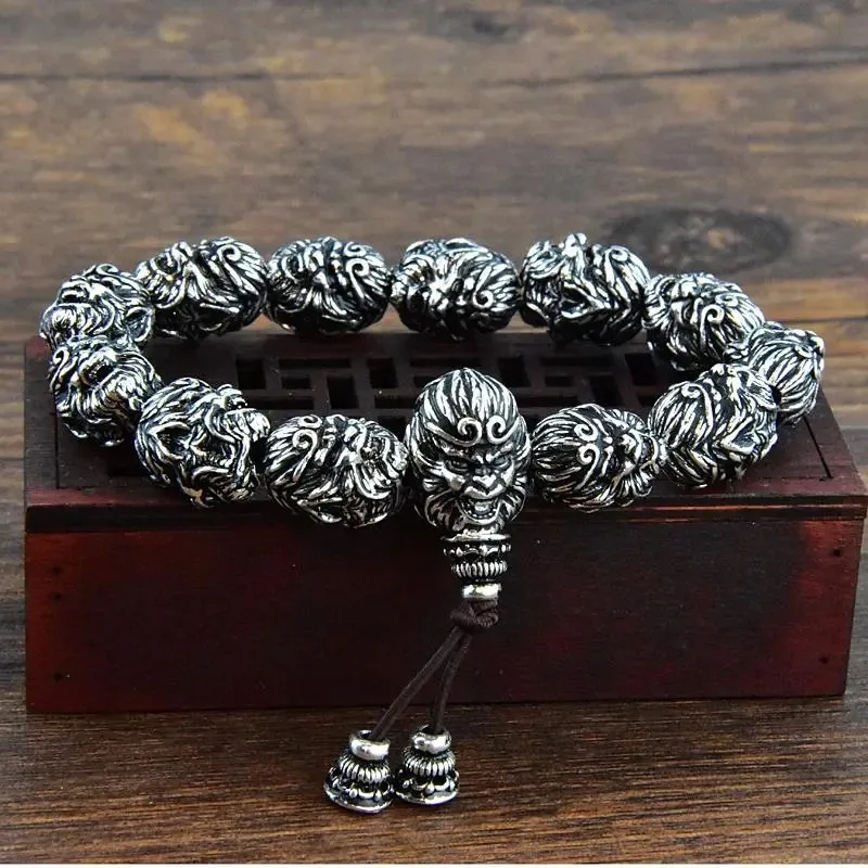 Black Mythology Sun Wukong Men's Bracelet Retro domineering Monkey Head Hand Jewelry Made Old Imitation Thai Silver Hand String