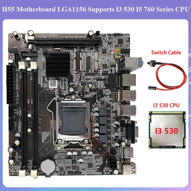 Kits de placa base de ordenador H55 LGA1156 compatibles con CPU serie I3 530 I5 760 memoria DDR3 + CPU I3 530 + Cable de interruptor