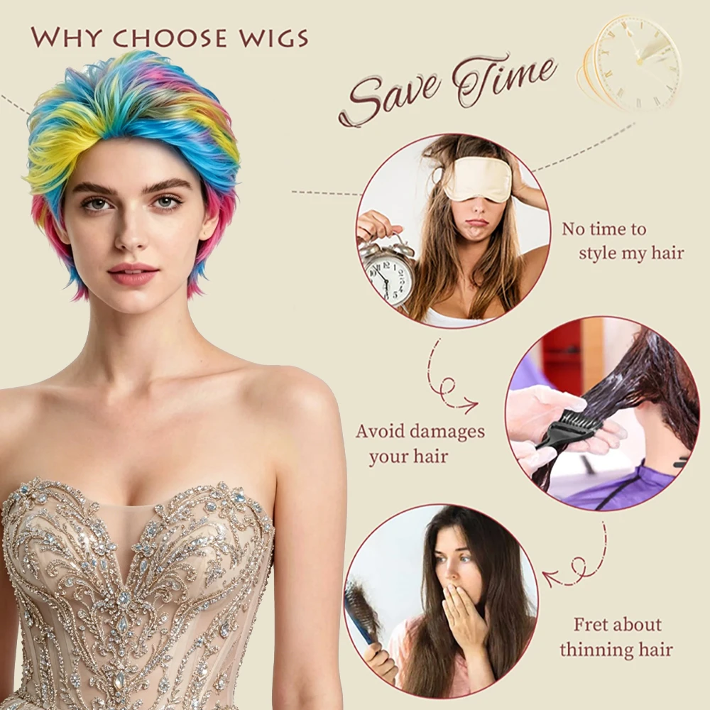 Men's Rainbow Short Fluffy Wig Anime Cosplay Comic Con Role Play Halloween Funny Party Costume Full Wig