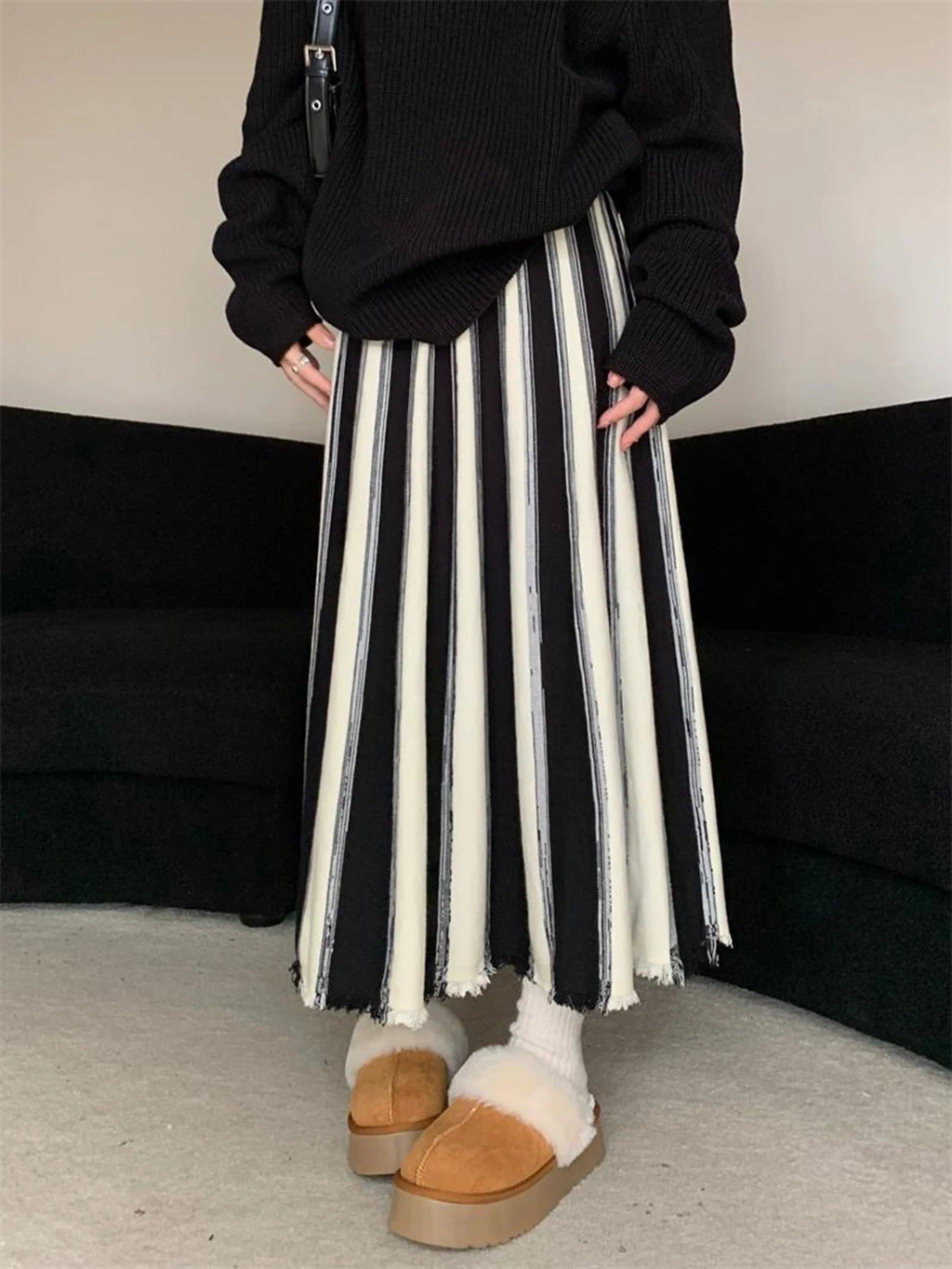 فستان نسائي مخطط بتصميم عتيق لخريف وشتاء 2025 فستان عالي الخصر على شكل حرف a ، فستان محبوك غير رسمي فضفاض وعصري