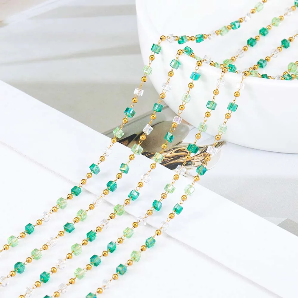 1Meter Stainless Steel Chain Boho Green Crystal Cube Square Beads Chain for DIY Holiday Style Necklaces Bracelets Jewelry Making