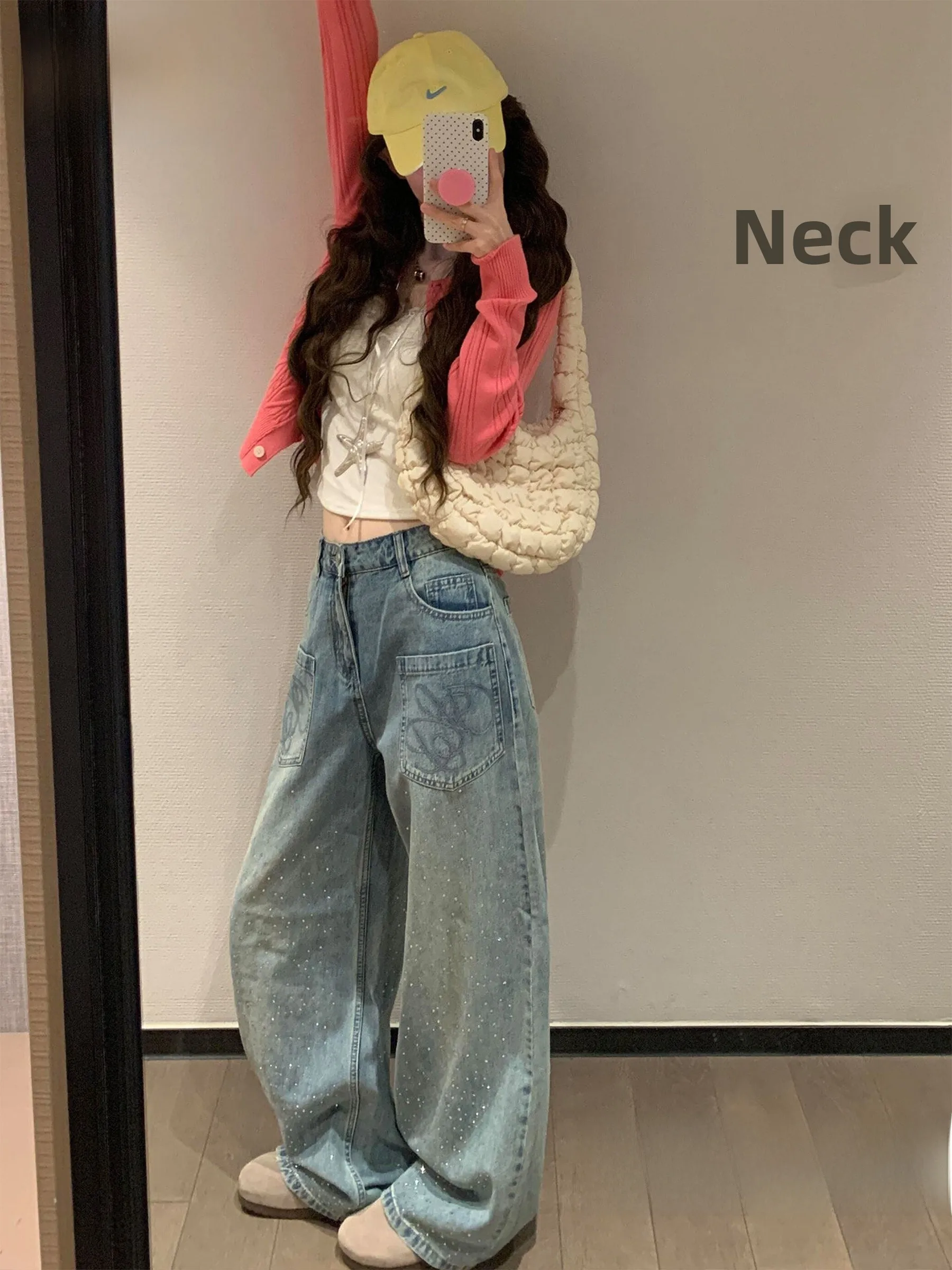 

Retro American Style Glitter Wide Leg Jeans Women's Loose Slim Straight Long Pants Summer Hot Trend High Waist Denim Skinnies