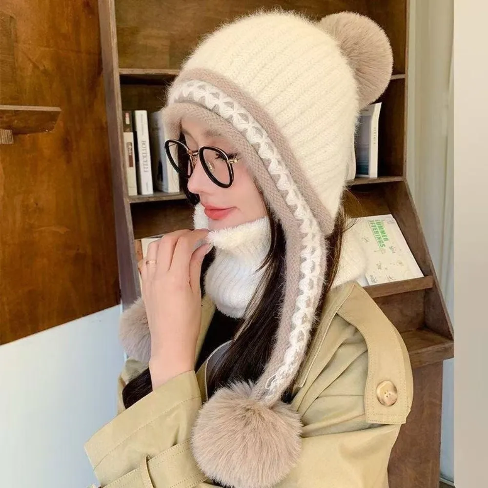 

New Knitted Knitted Hat Fur Balls Warm Pullover Cap Coldproof Pompom Ear Protection Hat for Outdoor Cycling Skiing