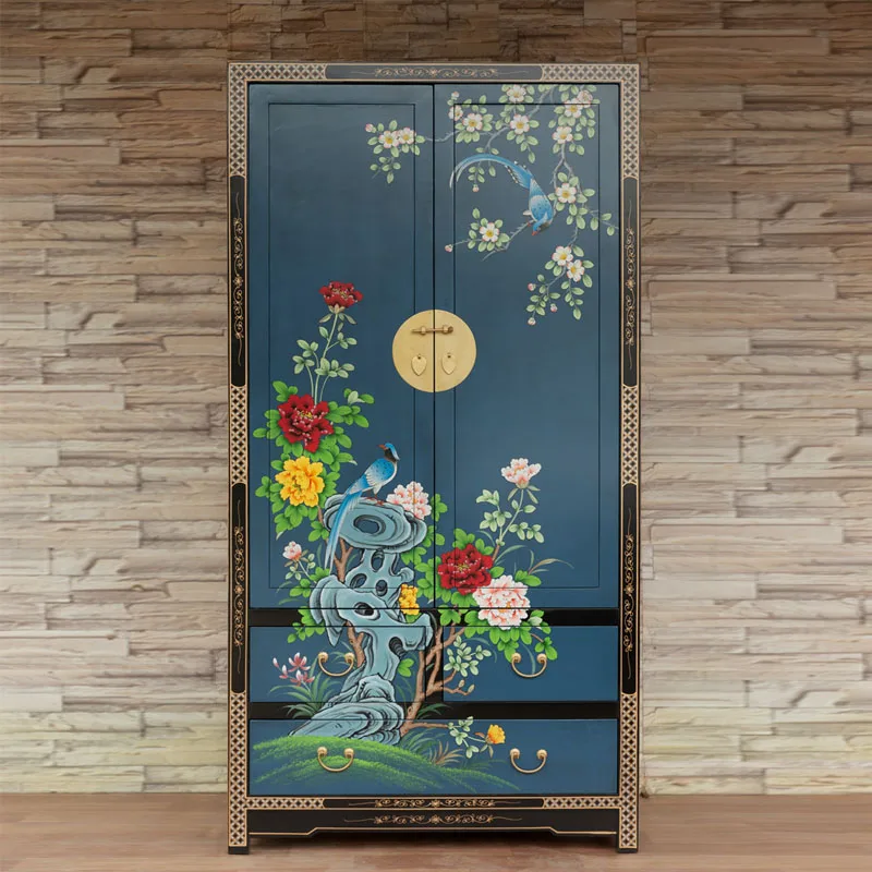 

Hand-Painted Wardrobe Camphor Wood Solid Wood Wardrobe Antique Wardrobe Classical Painted Bedroom Double-Door Closet