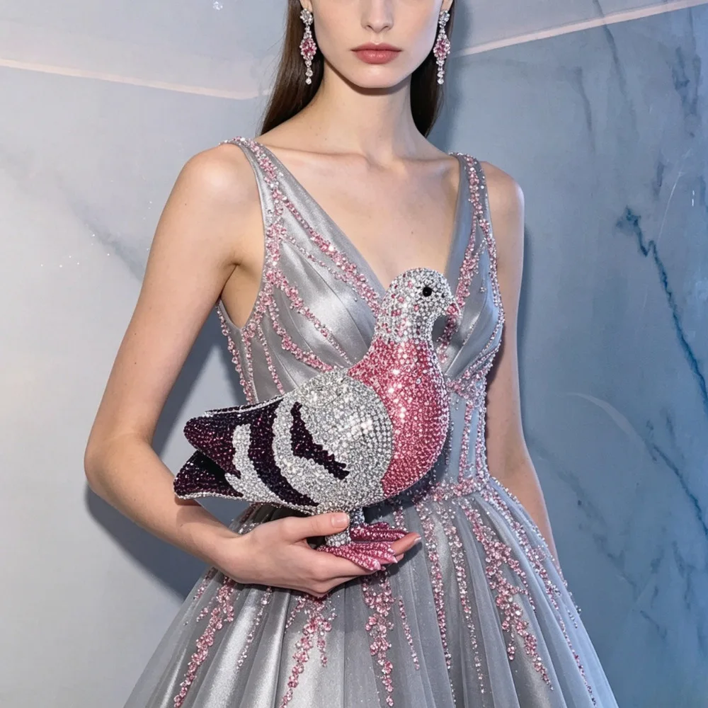 Rhinestone Bird Purse Dove Silhouette Three Tone Stones Sparkle Detail For Brides Banquets And Formal Dress Occasions