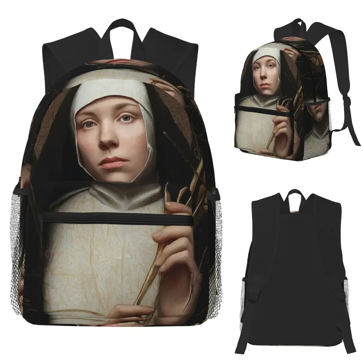 حقيبة ظهر Serene Nun Portrait Daypack ذات سعة كبيرة للأطفال حقيبة كتب مدرسية حقائب كتف للرجال والنساء #3