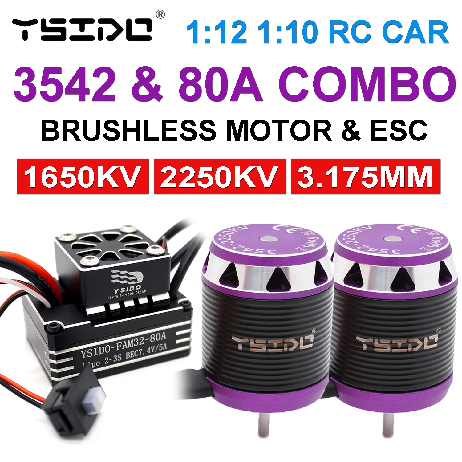 YSIDO 3542 1650KV 2250KV Brushless Motor 80A ESC Combo 3.175mm Shaft For 1/12 1/10 AXIAL SCX10 Traxxas TRX-4 Tamiya RC Crawler
