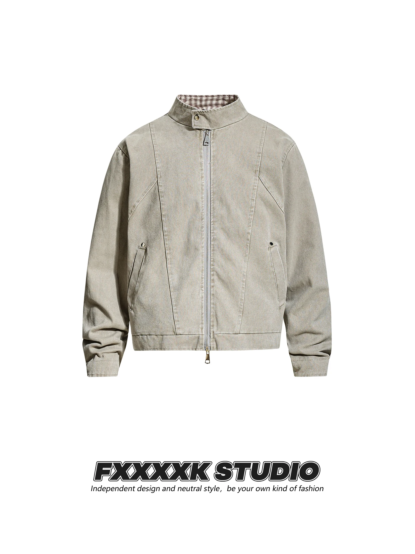 

FXK Original American Retro Waed Distred Plaid Patchwork Stand Collar Workwear Spring Autumn Jaet Men's Clothing