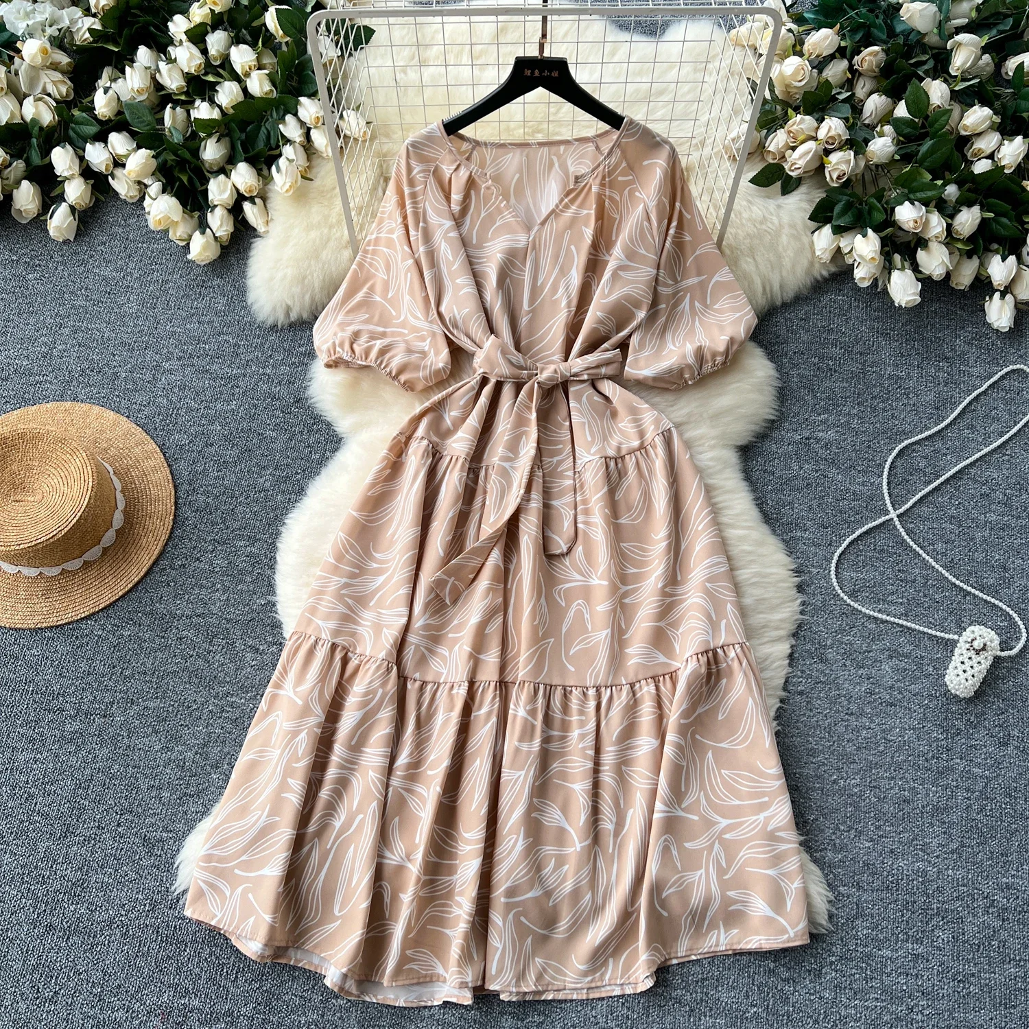Summer Women Floral Printed Midi Dress Vintage V-Neck Short Sleeve High Waist A-Line Casual Vestidos Female 2023 New Fashion