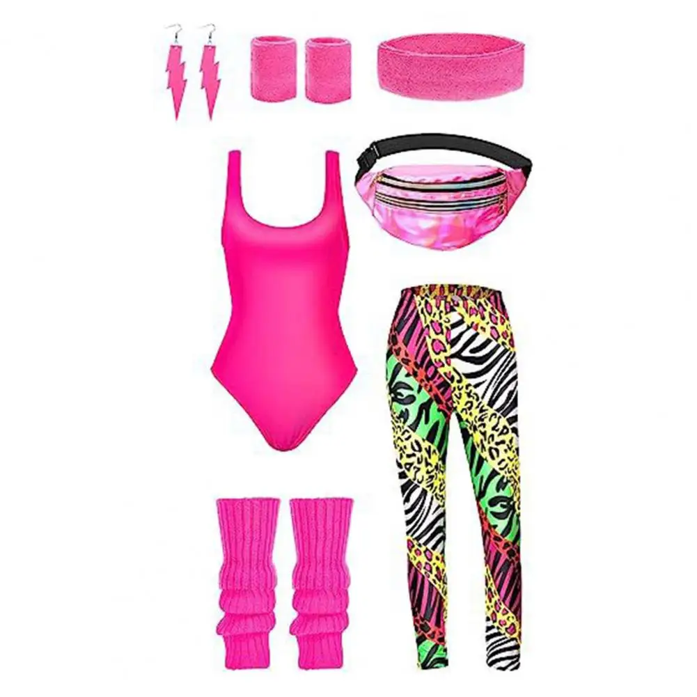 Retro Headband Wristbands Set 1980s Women Sportswear Retro Women's Tracksuit Set 80s Sportswear Outfit with Accessories Vest