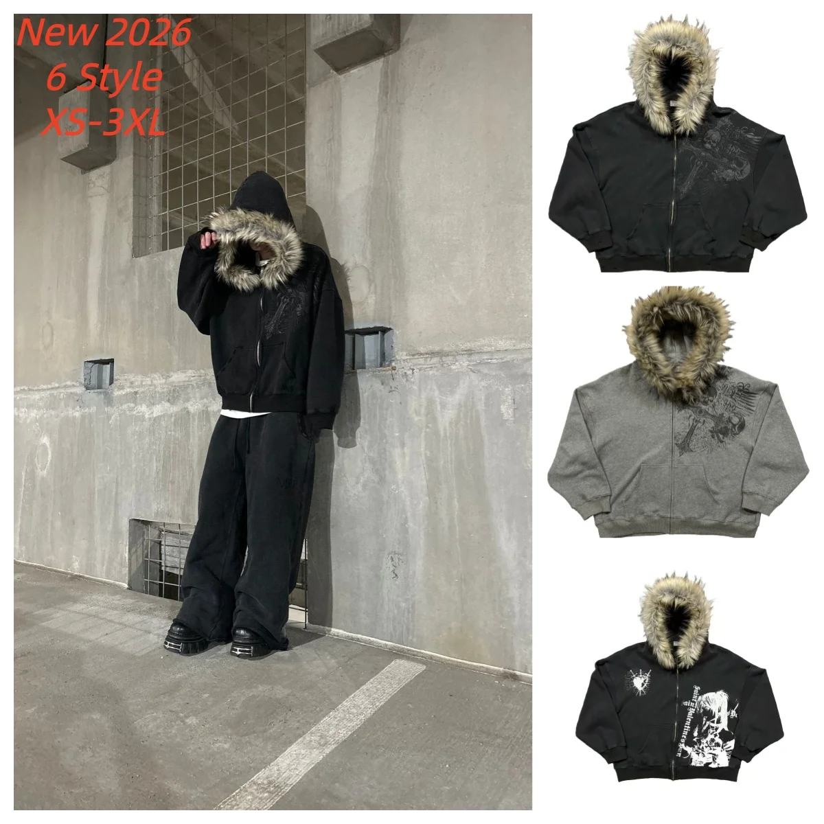 Autumn/Winter Y2k Women Aesthetic Harajuku Faux Fur Collar Hoodies Clothes Graphic Hip Hop Punk Gothic Zip Up Hoodies 2026 new