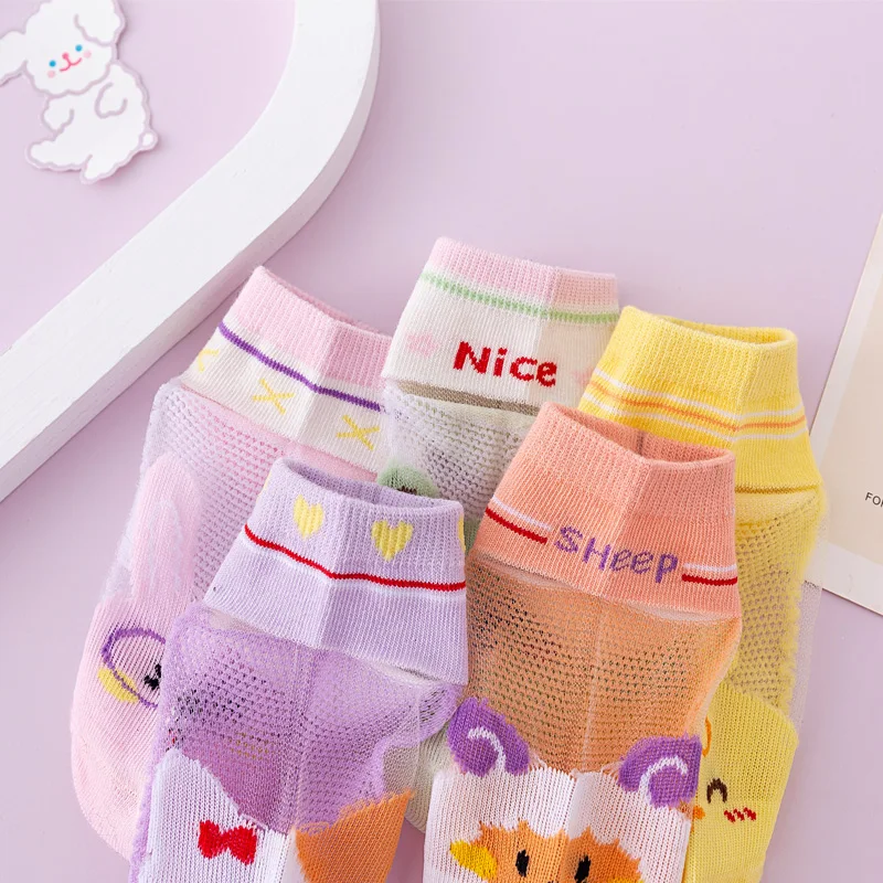 5 pairs of girls thin socks summer new candy color cartoon socks mesh breathable ultra-thin socks