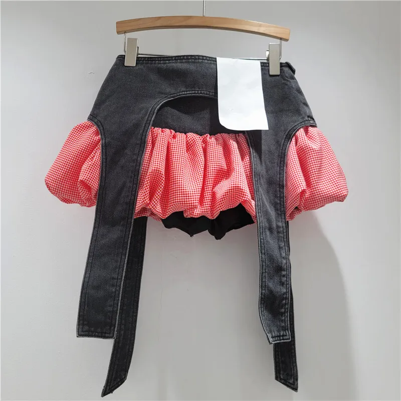 HKSH Letnia Nowa Damska Moda Y2K High Street Oryginalny Design Gorąca Denimowa Łatka Krata Modna Spódnica A-line Bufiasta HK6260