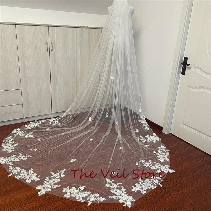 Single Layer White I vory Bridal Lace Appliques Floral Wedding Veils With Comb For Brides Cathedral Long Accessories Flowers