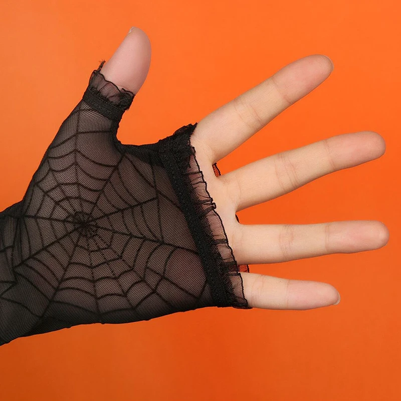 2 Pieces Women\'s Halloween Dark Punk Spider Web Long Half-finger Gloves Outdoor Sports Cycling Lace Sun Protection Sleeves