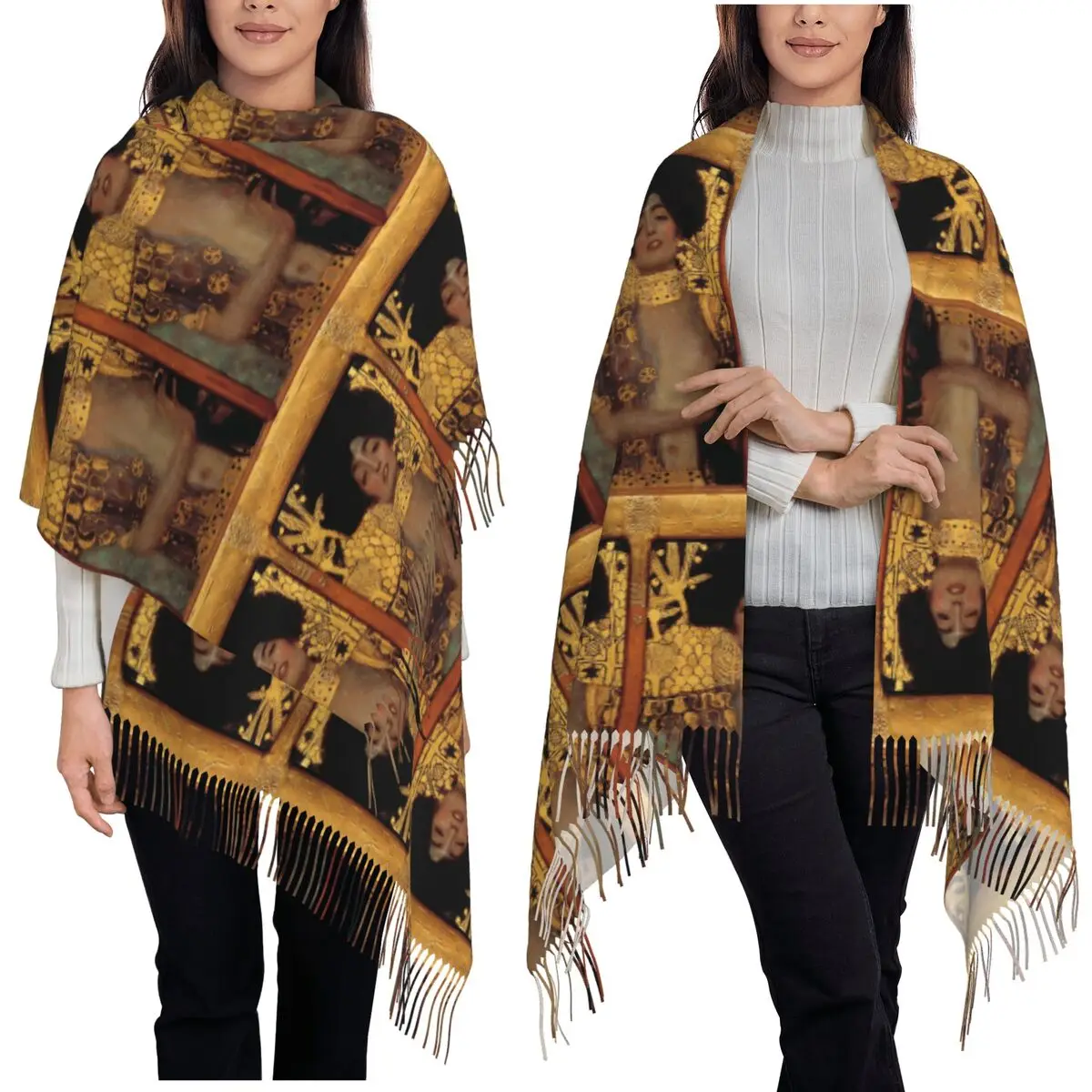 

Gustav Klimt Judith And The Head Of Holofernes Scarf Tassel Scarves for Women Warm Shawls and Wraps Long Fall Winter Shawl Wrap