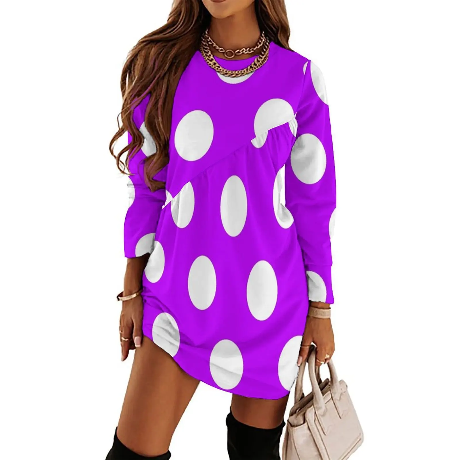 

Large WHITE and HOT PURPLE POLKA DOTS Long Sleeved Dress bandage dress women dress Beachwear