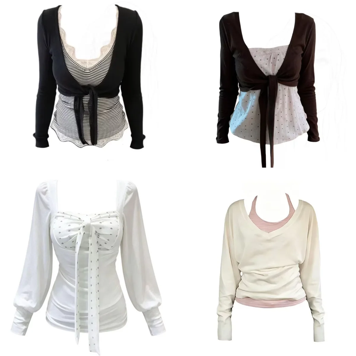 Korean Elegant Sweet Y2K 2000s Retro Lace Patchwork Two Piece Outfit Women Slim Fit Long Sleeve Pullover Casual Street Suit