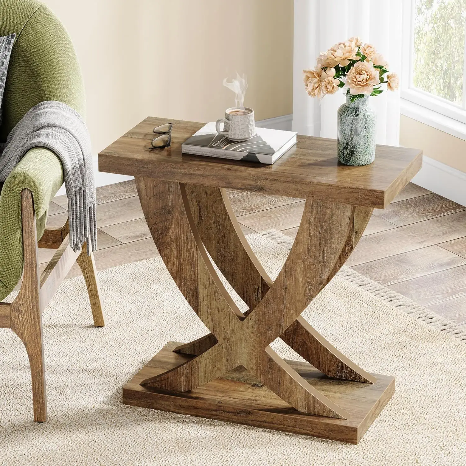 

Wood End Side Table for Living Room, Night Stand for Bedroom with Cross Fishtail Support, Farmhouse Nightstand for Small Spaces