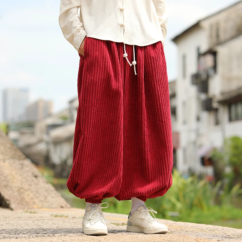 Autumn Winter Corduroy Pants Men Loose Casual Trousers Streetwear Harem Pants Solid Elastic Waist Couple Hip Hop Pants