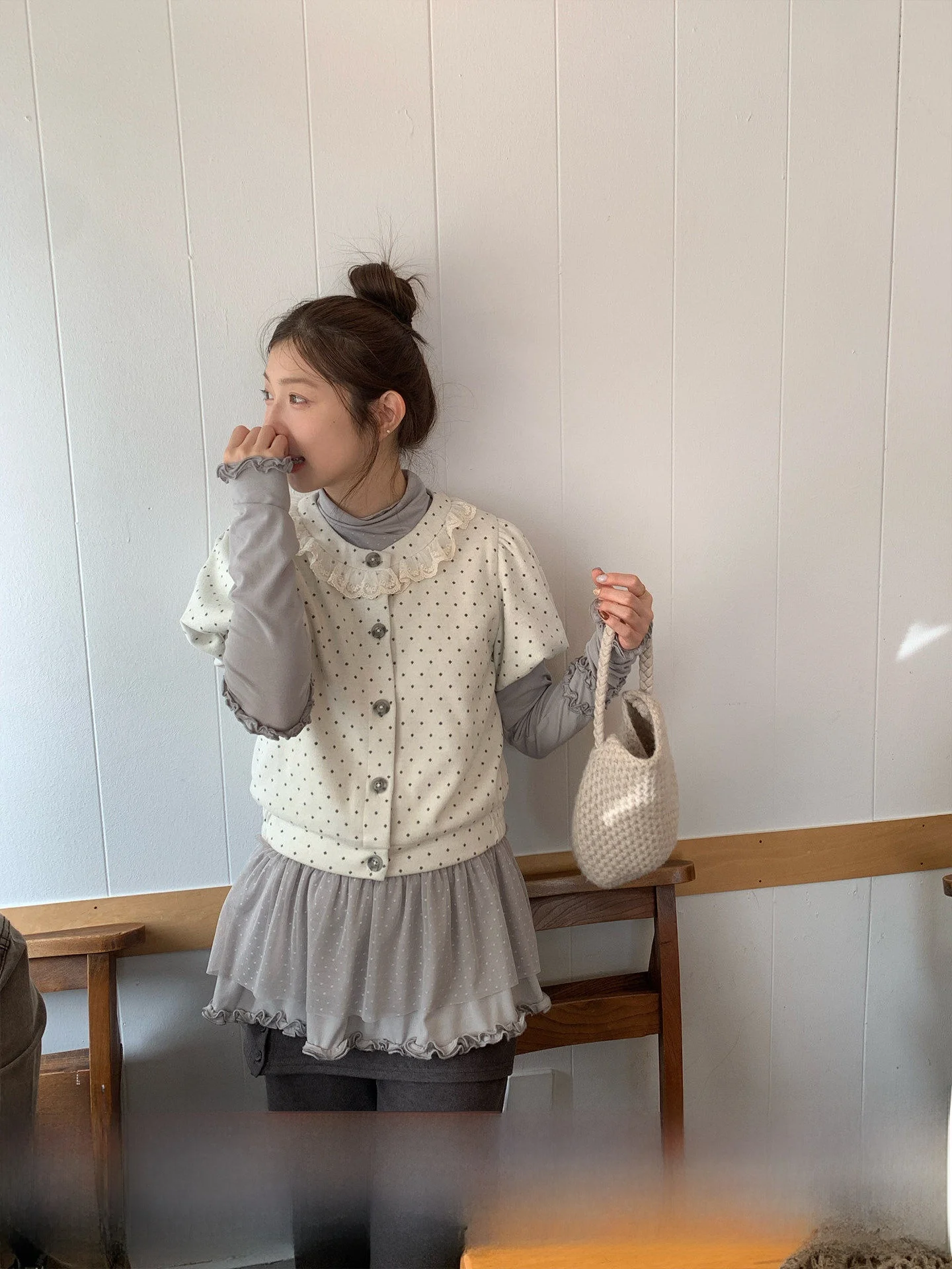

Holid Map "Sweet Heart Polka" ort Knitted Cardigan Women's round Ne Bubble Sve Ruffle Daily Wear Polyester Blend